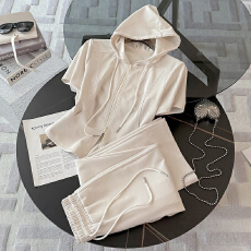 批发网红炸街时尚<b class='q'>修身</b>套装女夏新款拉链抽绳开衫连帽上衣阔腿裤两件套