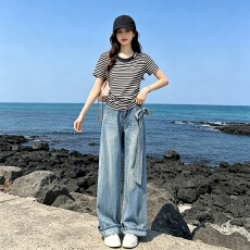 批发慵懒风时尚休闲<b class='q'>套装</b>女夏季新款圆领<b class='q'>条纹</b>短袖上衣烫钻牛仔裤两件套