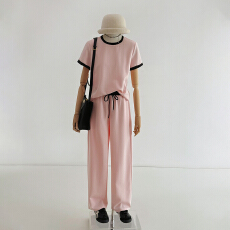 批发<b class='q'>韩版</b>时尚休闲套装女夏季新款高级感撞色拼接翻领上衣阔腿裤两件套