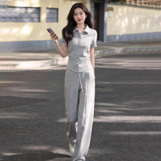 批发韩版时尚休闲运动<b class='q'>套装</b><b class='q'>女</b>夏季新款显瘦气质翻领短袖<b class='q'>卫衣</b>长裤两件套