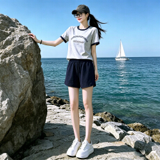 批发休闲时尚运动套装女夏新款圆领字母<b class='q'>印花</b>短袖上衣蓝色<b class='q'>短裤</b>两件套潮