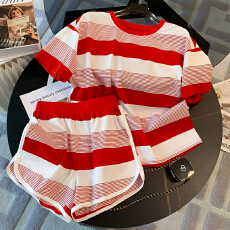 批发女夏季新款<b class='q'>潮流</b><b class='q'>时尚</b>套装宽松显瘦圆领条纹短袖上衣阔腿短裤两件套