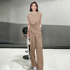 批发<b class='q'>个性</b>简约时尚休闲套装女夏季新款纯色圆领系带短袖上衣长裤两件套