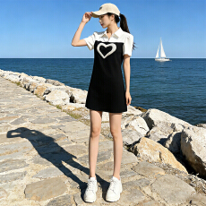 批发女夏季新款时尚气质设计感polo领收腰显瘦爱心拼接休闲显瘦<b class='q'>连衣裙</b>