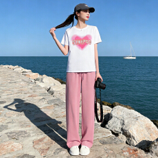 批发慵懒风休闲运动<b class='q'>套装</b>女夏款圆领爱心<b class='q'>印花</b>镶钻T恤粉色阔腿裤两件套