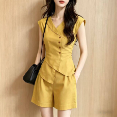 批发女夏季潮流时尚套装宽松显瘦绿色圆领印花短袖上衣阔腿短裤两件套