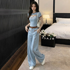 批发慵懒风休闲时尚套装女夏新款百搭圆领印花短袖上衣阔腿长裤两件套