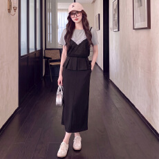 批发韩版休闲时尚运动<b class='q'>套装</b>女夏款蕾丝吊带拼接上衣开叉半身长裙两件套