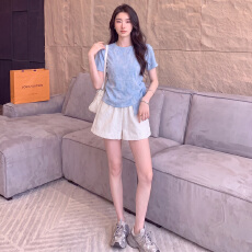 批发盐系穿搭休闲时尚<b class='q'>套装</b>女夏新款圆领侧绑带晕染上衣蕾丝短裤两件套