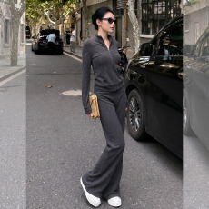 批发<b class='q'>欧洲站</b>时尚休闲<b class='q'>套装</b>女秋季洋气宽松减龄拉链开衫上衣阔腿裤两件套