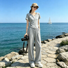 批发女夏季欧货高端纯色时尚运动休闲套<b class='q'>装</b>短袖上衣高腰阔腿长<b class='q'>裤</b>两件套