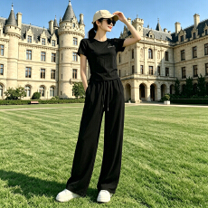 批发松弛感时尚减龄套<b class='q'>装</b>女夏季新款纯色圆领短袖上衣阔腿长<b class='q'>裤</b>两件套潮