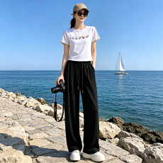 批发女夏季高级感休闲时尚套<b class='q'>装</b>圆领收腰短袖上衣休闲阔腿长<b class='q'>裤</b>两件套潮