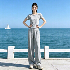 批发设计感时尚休闲套<b class='q'>装</b>女夏新款带钻拼接圆领短袖上衣阔腿长<b class='q'>裤</b>两件套