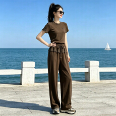 批发女夏季高级感休闲<b class='q'>运动</b>套装圆领收腰蕾丝花边<b class='q'>短袖</b>阔腿长裤两件套潮
