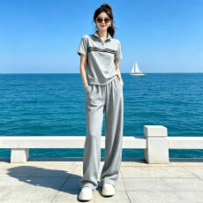 批发韩版时尚休闲<b class='q'>运动</b>套装女夏季新款显瘦气质翻领<b class='q'>短袖</b>卫衣长裤两件套