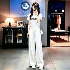 批发超好看休闲<b class='q'>运动</b>套装女夏洋气显瘦修身翻领<b class='q'>短袖</b>上衣阔腿长裤两件套