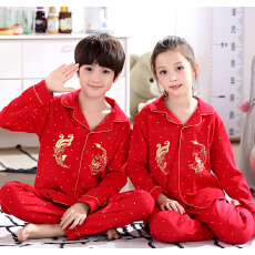 批发[黛琳芬]纯棉长袖儿童睡衣印花红色本命年亲子家居服pajamas158
