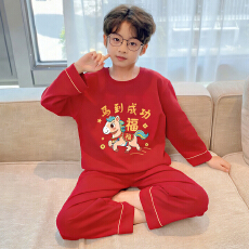 批发[黛琳芬]10码-XL码长袖儿童睡衣新年卡通红色男孩女童家居服156