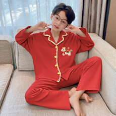 批发[黛琳芬]12码-XL贝壳纹仿棉儿童<b class='q'>睡衣</b>新年大红男<b class='q'>女童</b>装家居服165