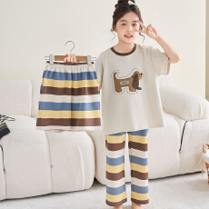 批发[黛琳芬]8码-XL 纯棉短袖长裤儿童睡衣卡通三件套男女童家居服207