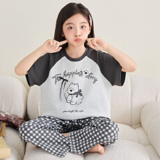 批发[黛琳芬]8码-XL 纯棉短袖长裤儿童睡衣卡通三件套男女童家居服207