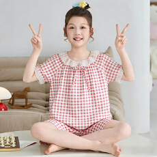 批发[黛琳芬]12-XXL仿棉短袖方领儿童睡衣公主风甜美<b class='q'>女童</b>家居<b class='q'>服</b>213