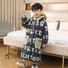 批发黛琳芬8-18码法兰绒连帽儿童睡袍秋<b class='q'>冬</b>款加厚保暖男女童家居服