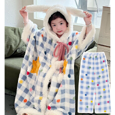 黛琳芬12-XL码法兰绒斗篷+裤子两件套睡袍儿童睡袍女童家居服