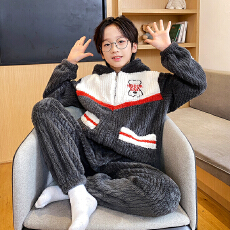 批发8-18码小中童儿童<b class='q'>睡衣</b>法兰绒拉链款<b class='q'>男</b>女童头保暖套装家居服