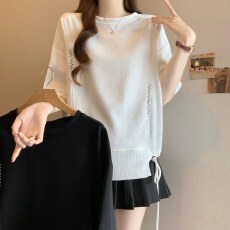 批发黑色正肩短袖T恤女2026早春新款大码<b class='q'>胖</b><b class='q'>mm</b>显瘦不规则抽绳下摆上衣