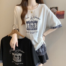批发2026新款格子拼接假两件抽绳百搭<b class='q'>短袖</b><b class='q'>T</b><b class='q'>恤</b>女显瘦宽松圆领上衣