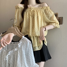 批发2026夏季新款收腰显瘦荷叶边法式波点一字肩<b class='q'>泡泡袖</b>上衣女
