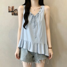 批发夏季法式系带荷叶边背心宽松版型遮肉显瘦日常<b class='q'>通勤</b>百搭无袖衫