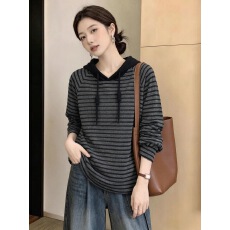 批发大码女装韩版2026秋季<b class='q'>新款</b>宽松条纹连帽卫衣女休闲百搭<b class='q'>上衣</b>