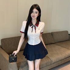 批发学院风单排扣翻领短袖衬衫<b class='q'>女</b>夏季高腰百褶裙半身裙jk两件套