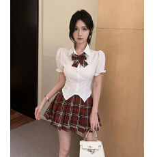 批发jk制服套装女夏季学院风泡泡袖收腰衬衫+格子高腰<b class='q'>半身裙</b>两件套