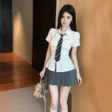 批发辣妹甜辣学院风JK制服套装裙工作服修身短袖衬衫上衣百褶裙两件套