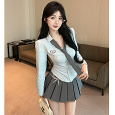 批发甜辣学院风修身长袖衬衫套装裙女<b class='q'>秋</b>新款减龄气质衬衣百褶裙两件套