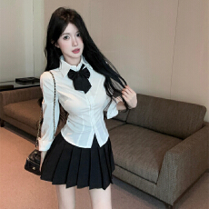 批发辣妹纯欲风收腰衬衫女秋冬学院风百搭白色衬衣制服套装jk长袖上衣