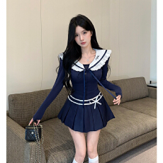 批发学院风jk海军领修身上衣女早秋辣妹甜美高腰显瘦A字百褶裙套装