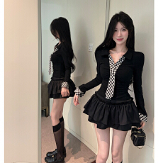 批发秋季美式辣妹polo领领带长袖t恤高腰半身裙学院风jk两件套装