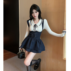 批发韩系甜美纯欲学院风<b class='q'>秋</b>冬新款针织上衣背带短裙子高级感两件套女装