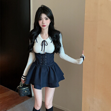 批发韩系甜美纯欲学院风秋<b class='q'>冬</b>新款针织上衣背带短裙子高级感两件套女装