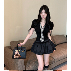 批发学院风套装女夏季辣妹设计感polo领修身短袖t恤a字半身裙两件套