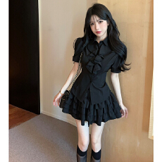 批发夏季新款甜辣学院设计感翻宫廷风泡泡袖翻领衬衫<b class='q'>蓬蓬</b>蛋糕短<b class='q'>裙套装</b>