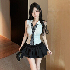 批发辣妹套装POLO领背心掐腰显瘦<b class='q'>上衣</b>女夏季高腰半身裙a字短裙两件套
