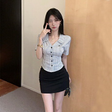 批发辣妹纯欲性感V领短袖条纹衬衣修身衬衫包臀裙时尚两件套装