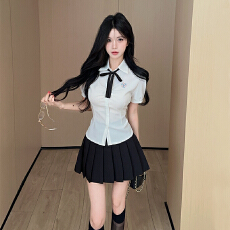 批发JK制服套装白色收腰衬衫女学院风夏季泡泡短袖衬衣+百褶裙套装