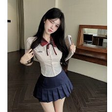 批发韩系学院风制服红格浅粉色收腰衬衫包臀百褶裙辣妹穿搭套装女